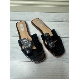 Steven New York Hadli Black Croc Embossed H-Band Slide Sandals Womens 10 Flat